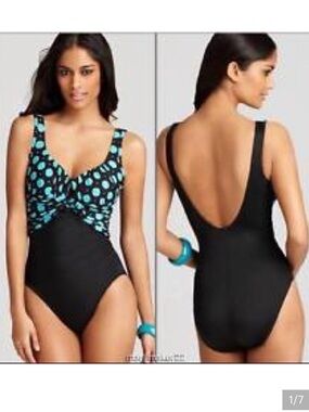 Miraclesuit Sandra D turquoise polka dot one piece Size 8